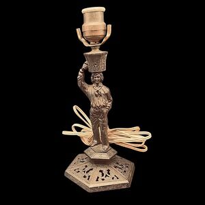 Antique Figural Cast Metal Table Lamp Boy Holding Basket Ornate Hexagonal Base